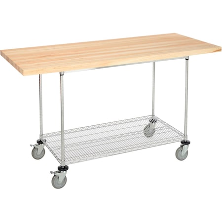 Global Industrial Chrome Wire Mobile Workbench, 72 x 30in, Maple Butcher Block Square Edge 252324